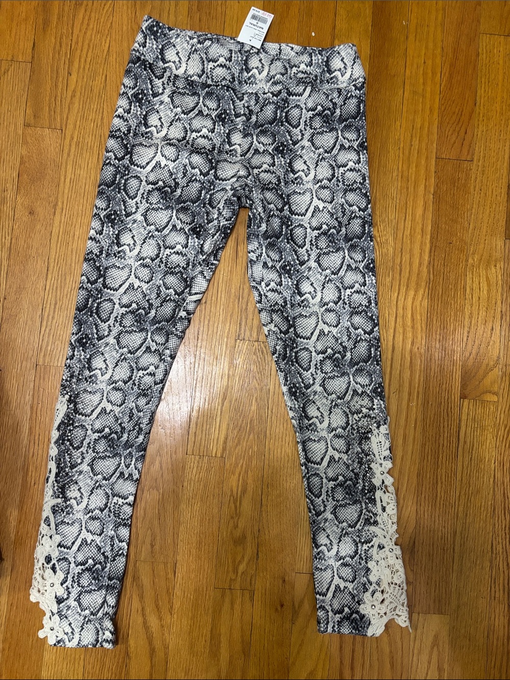 Vocal Black & White Snake Print Leggings with Lace Trim